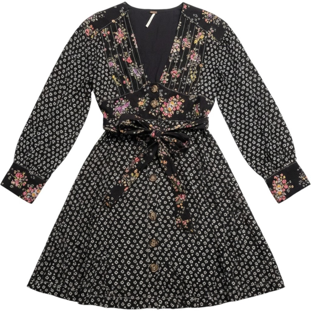 Free People Wonderland Mixed Floral Button Front Mini Dress Black Long Sleeve XS